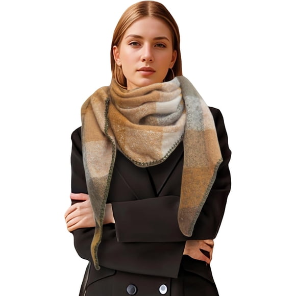 PinesC Women Fashion Shawl Warm Long Winter Wrap Scarves Cashmere Soft Feel Plaid Triangle Scarf Dark Yellow 2