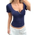 thumbnail image 3 of Women'S Summer Short Sleeve Tops Ribbed Henley Button Slim Fit Basic Casual T Shirts Navy Blue S, 3 of 7