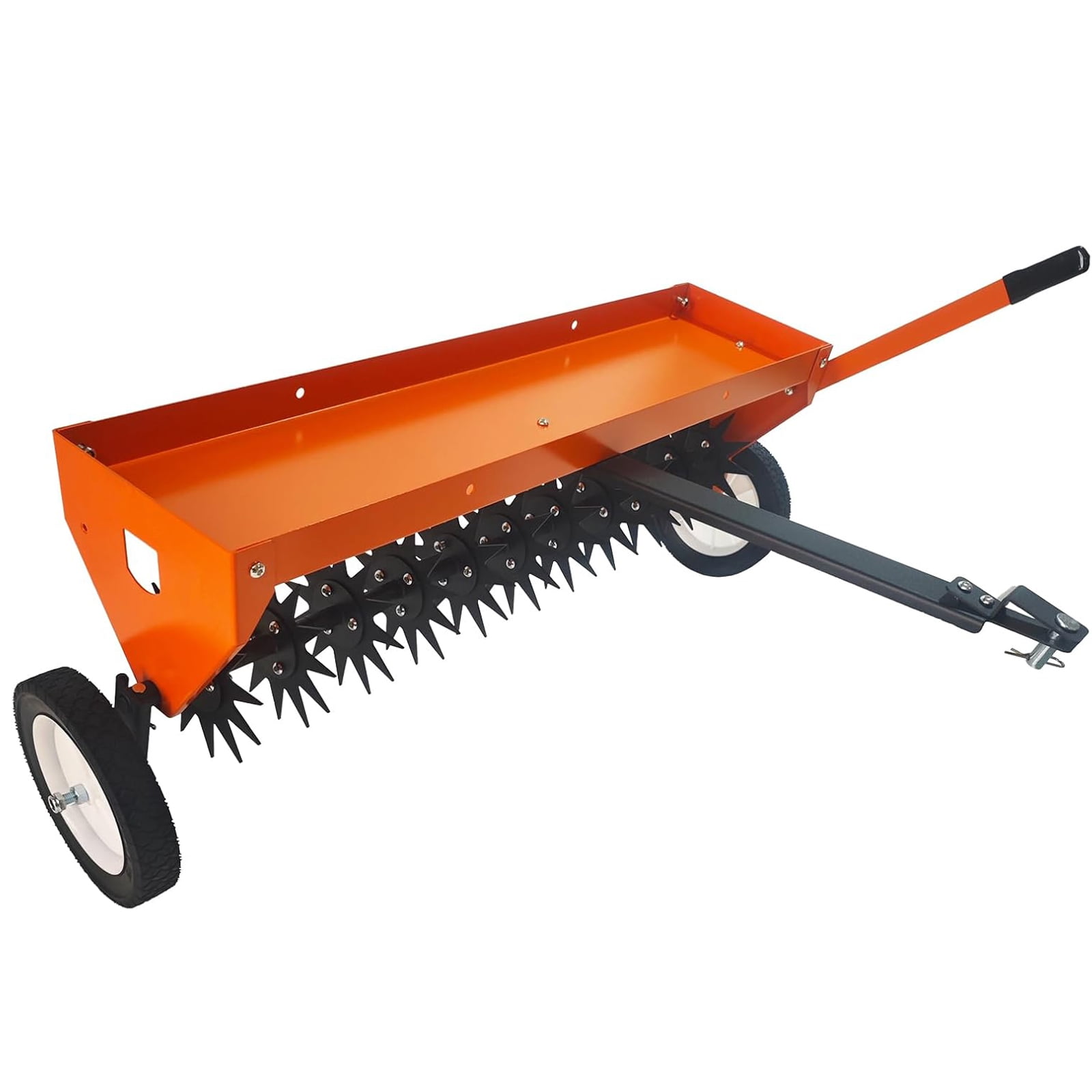 M optimized 40" Tow Behind Plug Aerator with Transport Wheels, Steel Teeth, Tray, Pull Behind Aerator with Adjustable Handle for Farm, Lawn, Garden