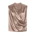 thumbnail image 4 of WCMZJ Women's Satin Silky Tops Wrap V Neck Drape Ruched Front Sleeveless Tank Top Elegant Dressy Fashion Blouse Top Beige L, 4 of 6