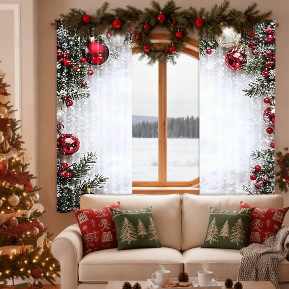 2PC Christmas Ball Holiday Printed Curtains, 2D Flat Printed Red Luxury Xmas Print Curtains with Snowflakes and Pine Branches for Bedroom Living Room Holiday Party Decor(27*39In)