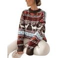 thumbnail image 2 of Sedceaty Women Christmas Sweater, Knitted Patchwork Crew Neck Long Sleeve Pullover Knitwear with Rib-Knit Hem for Ladies, 2 of 9