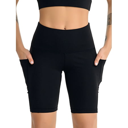Women High Waist Workout Yoga Shorts Tummy Control Running Athletic Non See-Through Side Pockets Skinny Sport Gym (Best Cheap Non See Through Leggings)