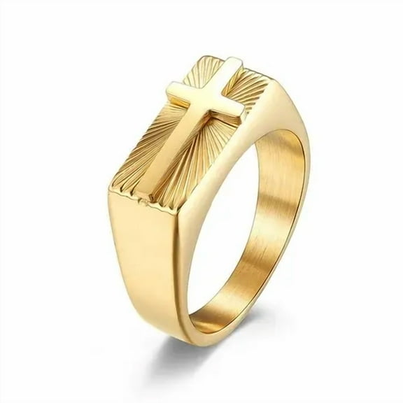 Lordluxury Classic Cross Signet Rings for Men Fashion 14k Yellow Gold Geometric Rectangular Ring Christian Jewelry