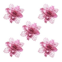 Rkxzt Glitter Christmas Poinsettia Artificial Xmas Flower Ornaments Flowers Decorations with Clips and Stems Glitter Poinsettia Christmas Tree Ornaments for Christmas Wedding (Pink,5 Pieces)