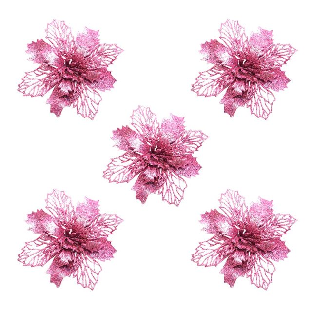 Fridja 5Pcs Artificial Flowers Artificial Christmas Flower Decorative Belt Clip for Christmas Tree Decorations Wedding Party Artificial Glitter Flowers for Decoration Decor, 3.9 Inch, Pink
