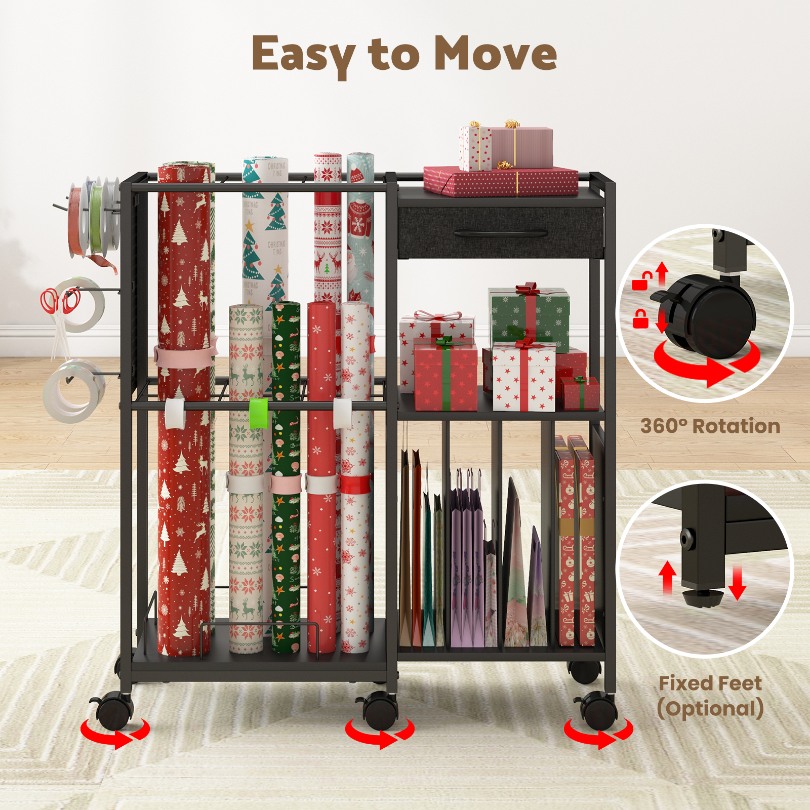 Advwin Gift Wrapping Paper Storage Cart with Drawer, Rolling Gift Wrap Station with Ribbon & Gift Bage Storage, Multi-purpose Craft Organizer Rack for Home, Office, School or Gift Shop, Black