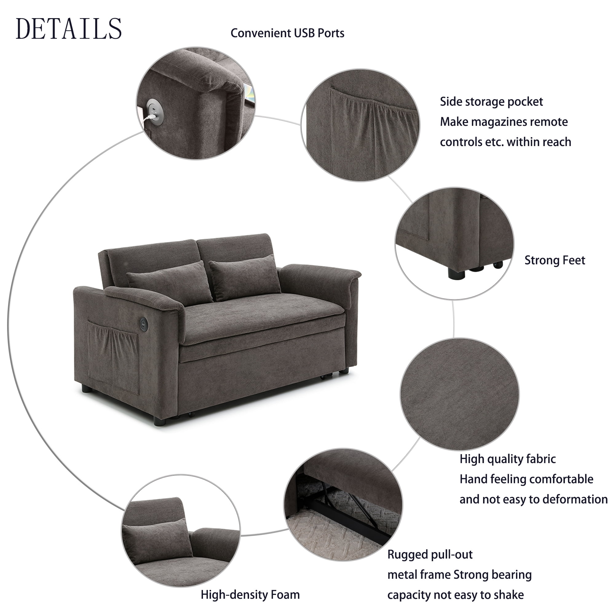 55" Convertible Sleeper Sofa Bed,3 in 1 Velvet Pull Out Sofa Bed with Adjustable Backrest & USB Ports,Modern Loveseat Sofa Couch for Living Room,Apartment,DARK GREY