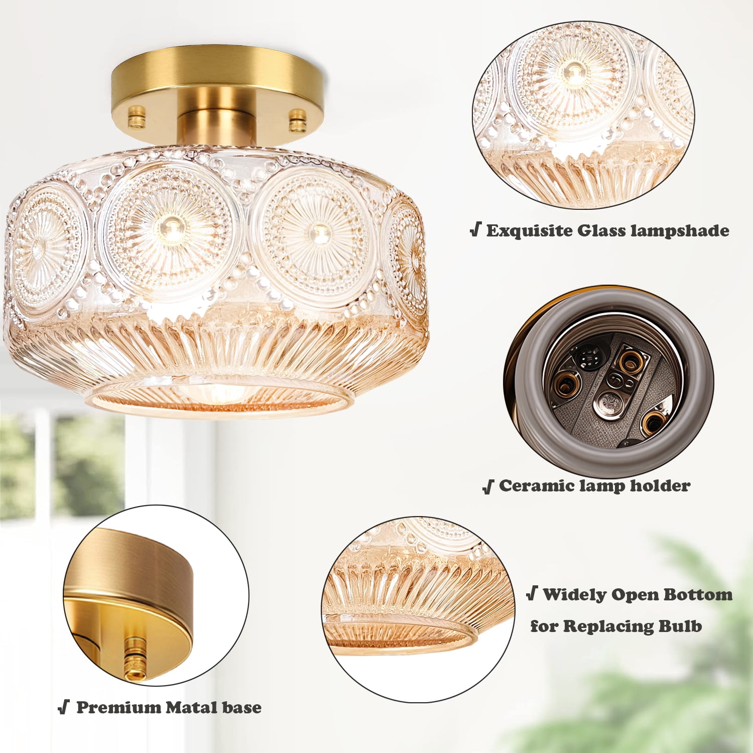Semi Flush Mount Ceiling Light,Globe Glass Ceiling Light,Vintage Small Hallway Light Fixture,Amer Glass Lighting Fixture for Bedroom Bathroom Entryway Kitchen