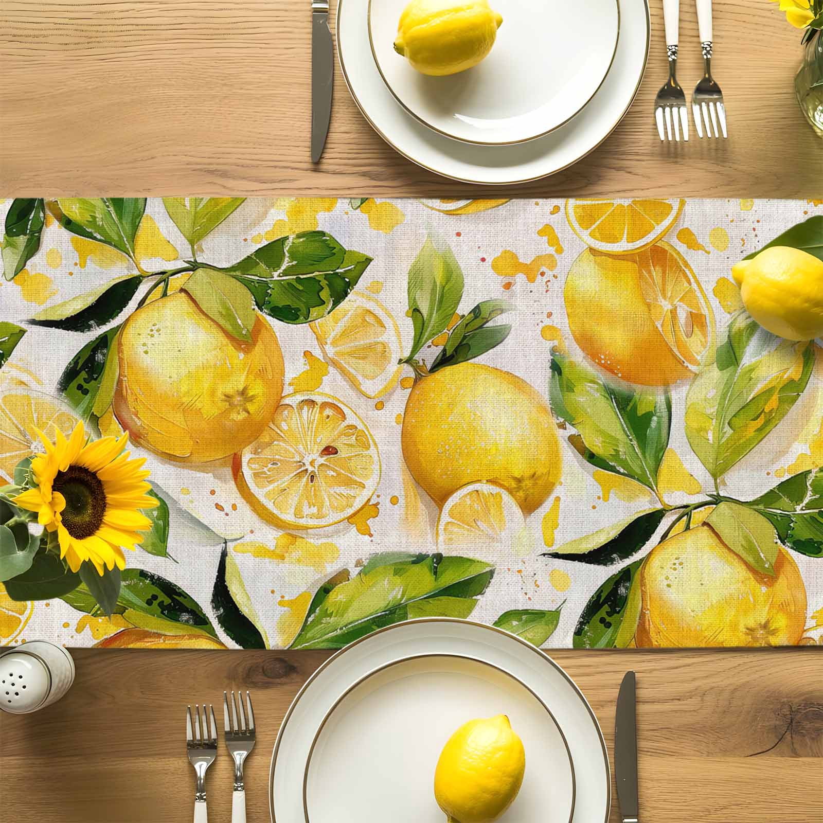 Yellow Lemon Watercolor Leaves Table Runner 90 Inches Long, Farm Fruit Harvest Table Runners Tabletop Scarf Kitchen Dining Tables Decoration for Home Party Indoor Outdoor