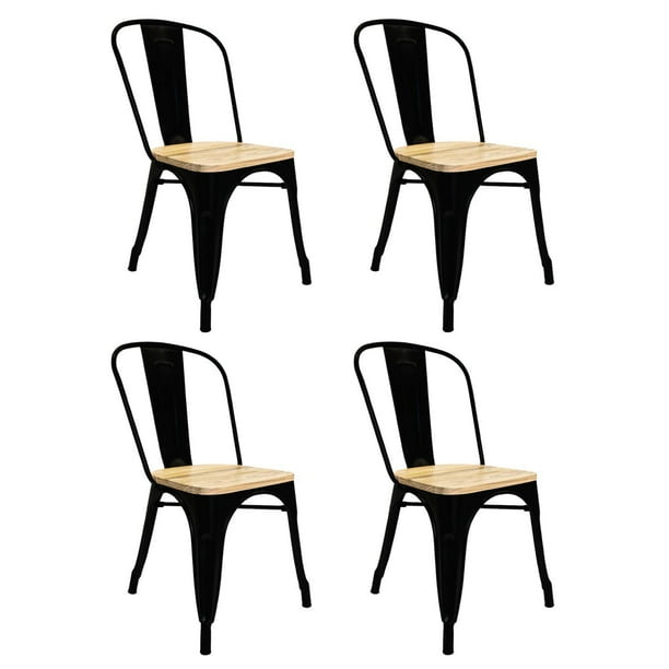Set De 4 Sillas Tolix Con Asiento De Madera Para Comedor Interior Exterior negro