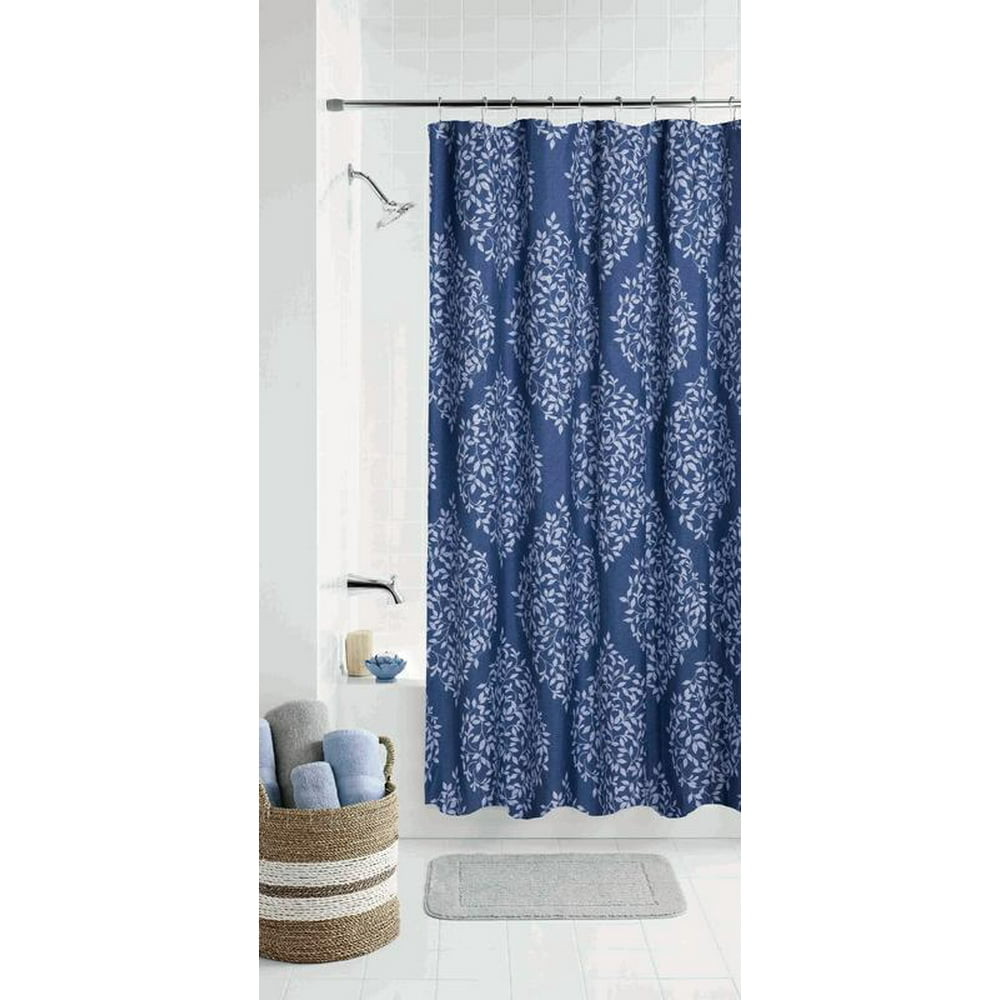Mainstays Navy Leaf Damask Polyester Shower Curtain, 70x72 Walmart