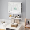 thumbnail image 2 of Modern Arched Glass Double Door Wall Cabinet with Shatterproof Mirror for Entryway, Living Room, Bathroom - Double Layer Storage, Open Shelf and Towel Rack in White, 2 of 9