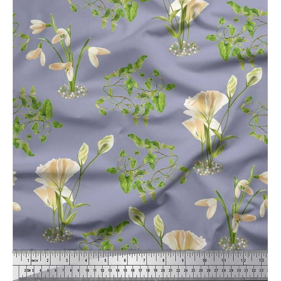 Soimoi Cotton Duck Fabric Leaves & Flower Printed Fabric 1 Yard 42 Inch Wide
