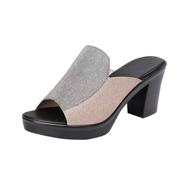 Chunky Heels for Women Slide Peep Toe Fine Flash Color Block Casual Summer Beach Slide Sandals Silver