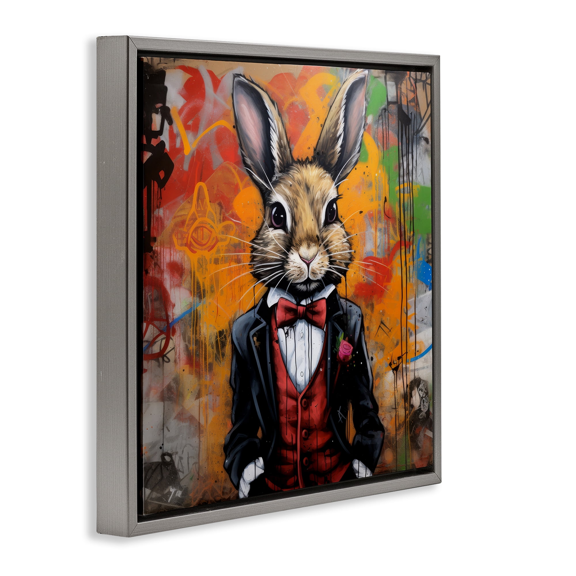 Stupell Industries Urban Graffiti Rabbit Animals & Insects Painting Gray Floater Framed Canvas Art Print Wall Art, 25 x 25