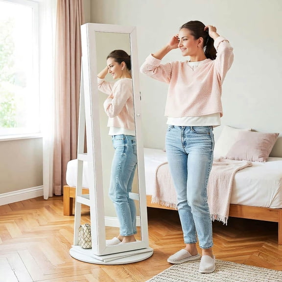Spaco 360° Swivel Jewelry Armoire with Storage Shelves, Lockable Jewelry Cabinet with Full-Length Mirror for Indoor as Living Room, Bedroom, White