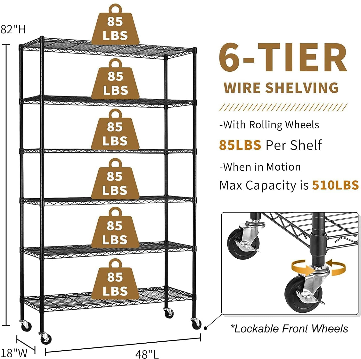 NiamVelo Black Adjustable 6-Tier Wire Shelving Unit