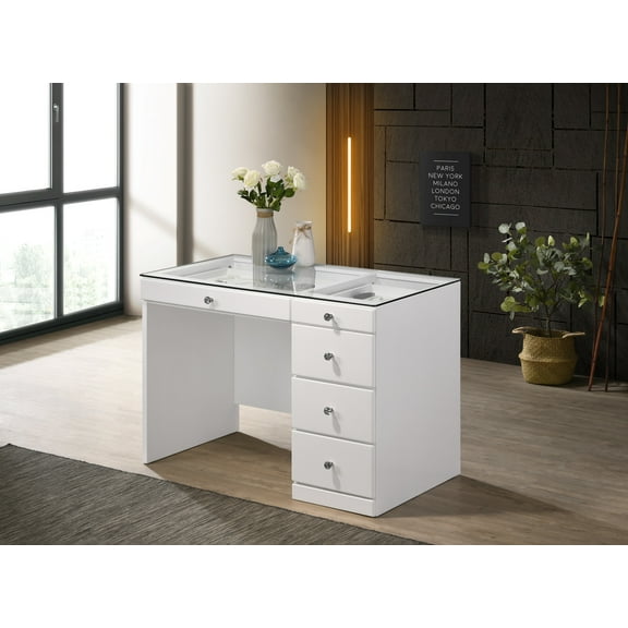 1pc Glam Makeup Vanity Table Glass Top 5 Drawers Crystal Knobs White Wooden Bedroom Furniture White