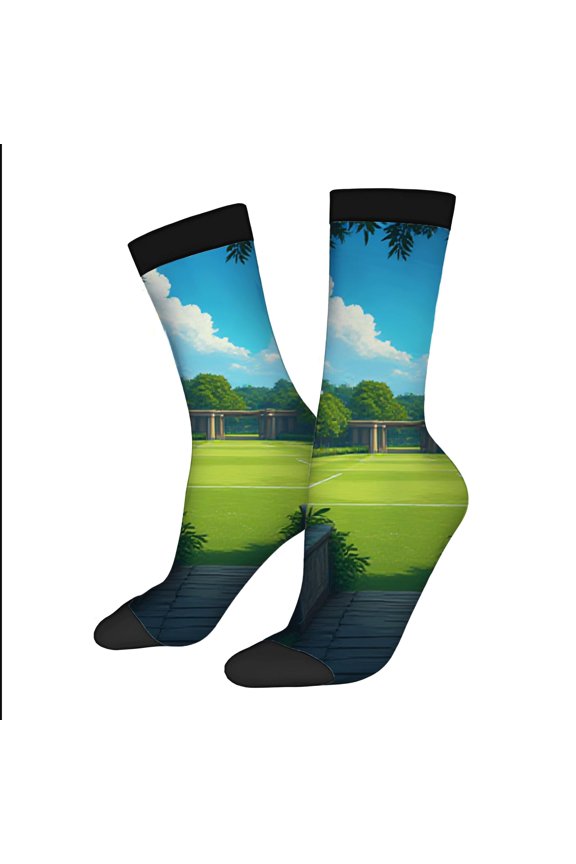 Vibrant Animated Soccer Field Socks - 2 Pairs of Unisex Trendy Mixed Color Socks with Green Pitch Design