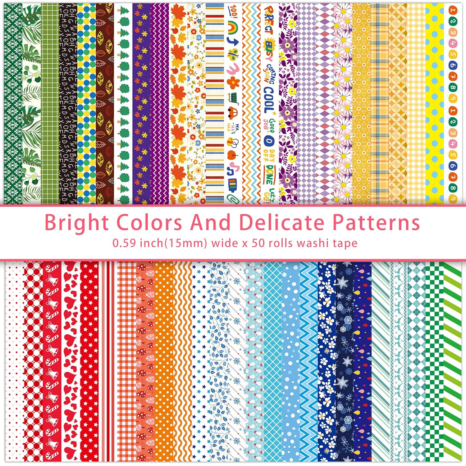 50 Rolls Washi Tape Set, 15mm Wide Rainbow Colored Tape Aesthetic Design Masking Decorative Tape for Scrapbooking Supplies, Bullet Journaling, Junk Journal, Wrapping Planners, DIY Arts Craft
