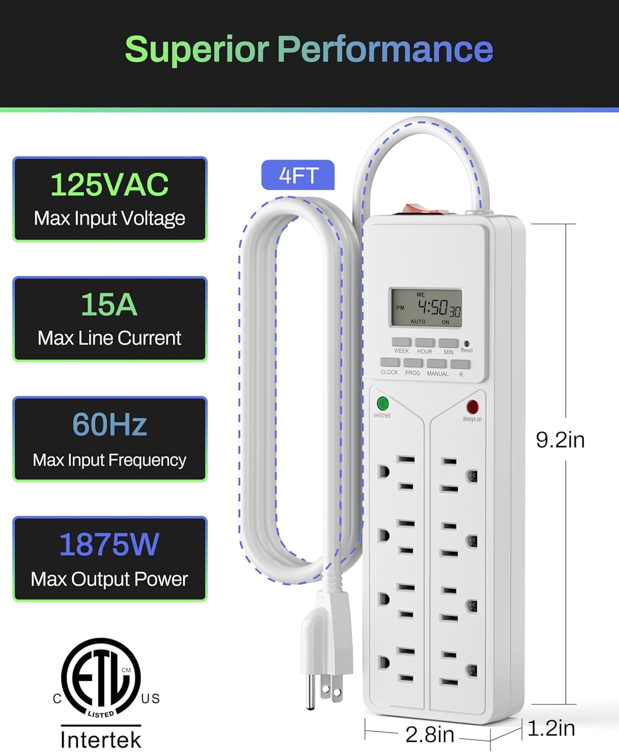 BN-LINK 8 Outlet Surge Protector with 7-Day Digital Timer (4 Outlets Timed, 4 Outlets Always On) - White