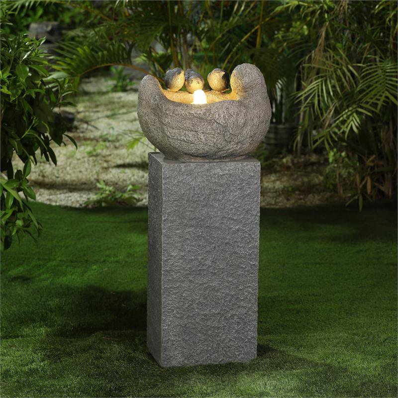 Luxen Home Cement Birds Pedestal Patio Fountain with LED Lights