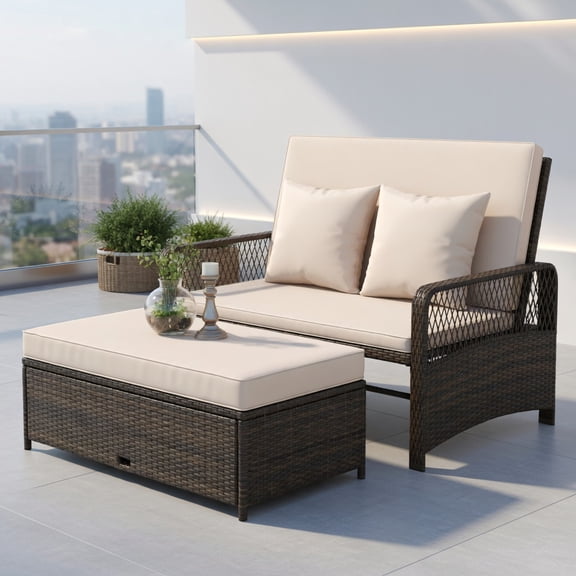 Resenkos Adjustable Wicker Patio Daybed Set with 4-Position Backrest, Beige/Navy/Red Cushions, Heavy-Duty Metal Frame & Storage Ottoman – Outdoor Loveseat for Backyard, Porch, Poolside