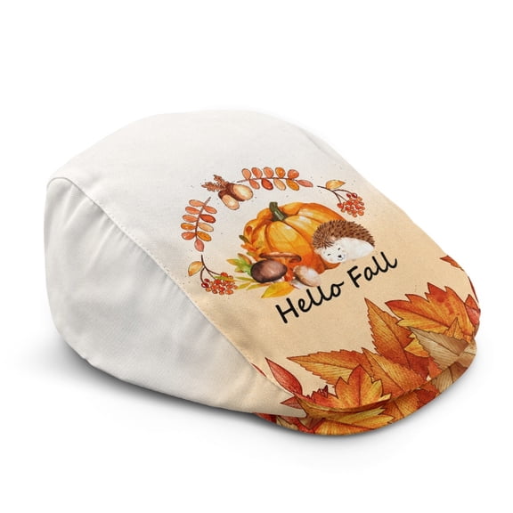 Chririnla Hello Fall Pumpkin Leaves Newsboy Hats, Adjustable Strap Soft Beret Hat Retro Forward Newsboy Cap for Travel Walking