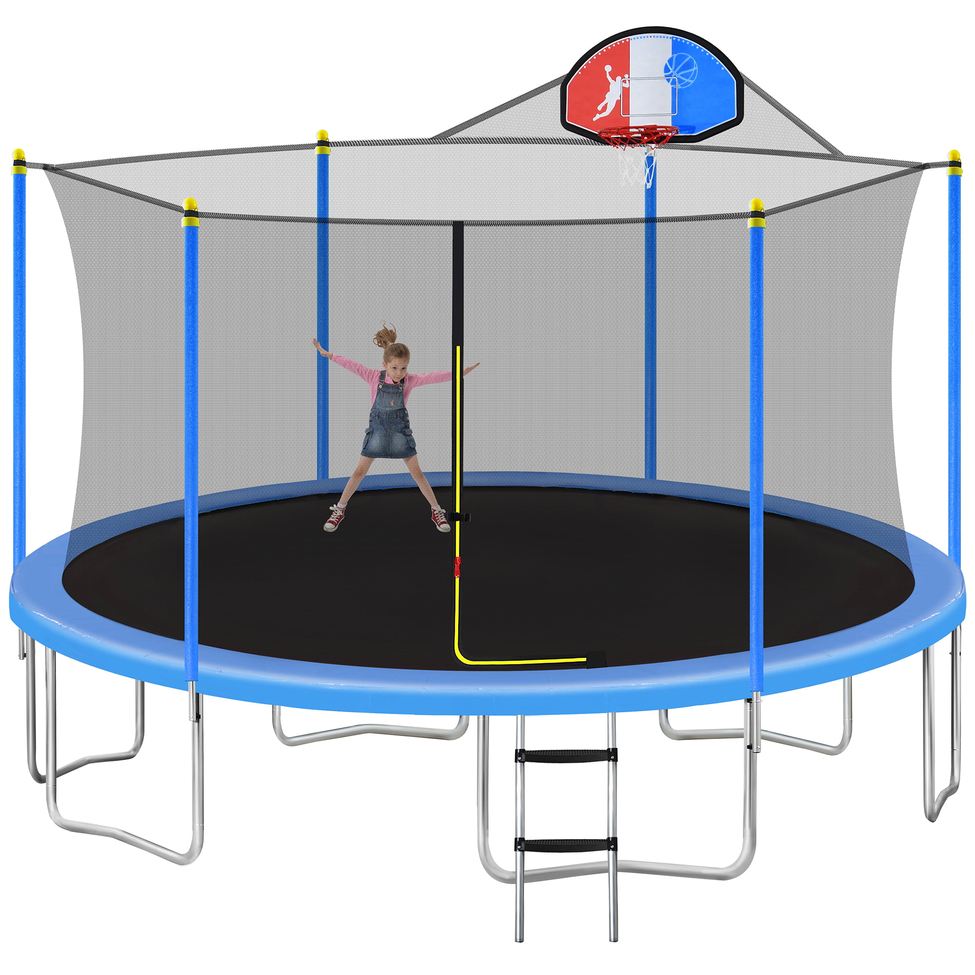 Rampoline Safety Enclosure Indoor Outdoor Trampoline for Kids W/Basketball Hoop 