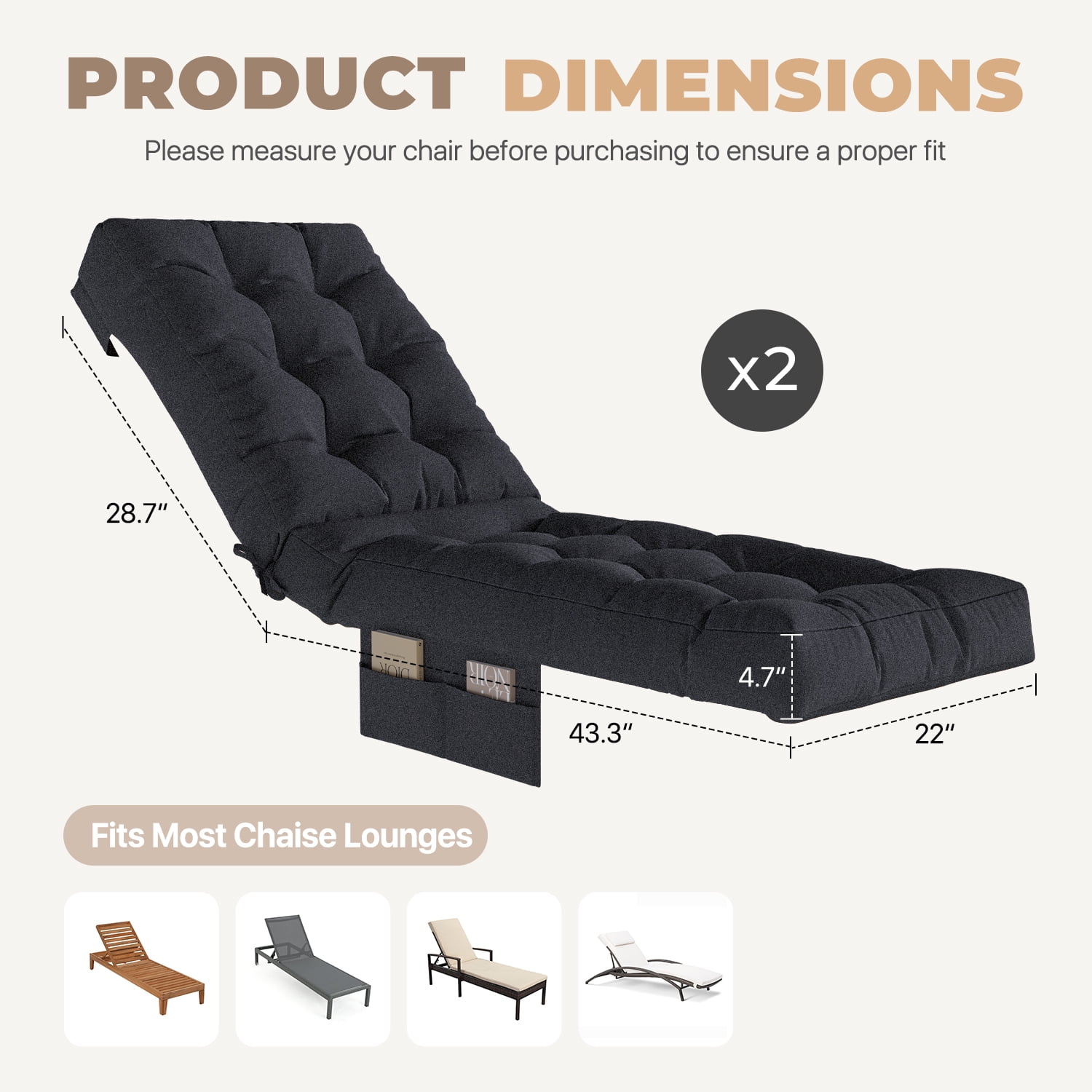 BaPiPro Black 2-Pack Outdoor Chaise Lounge Cushion with Side Pocket, Triple Non-Slip Fixation, All-Weather Durable & Soft Fabric, Thickened Padding, Ideal for Patio and Poolside Use