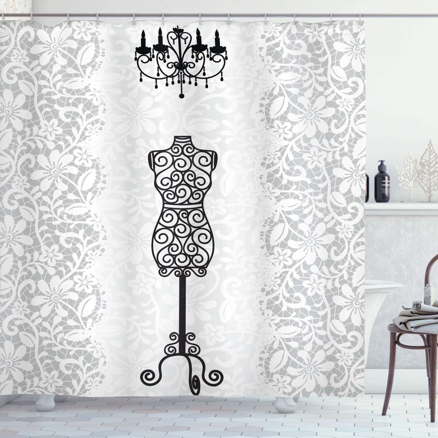 Female Dress Mannequin Black Chandelier Lace Woman Fashion Theme Shower Curtain 