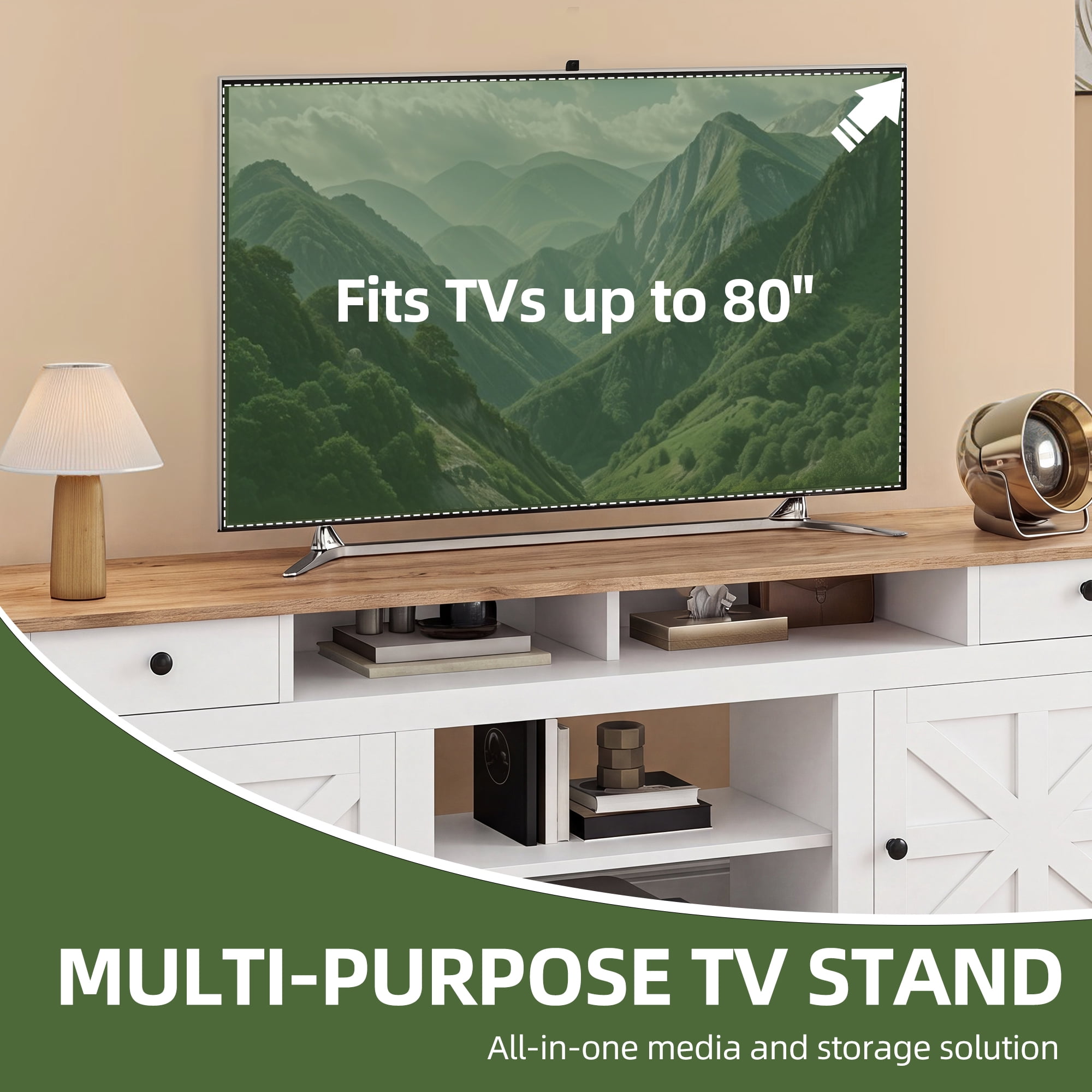 Uforic Farmhouse TV Stand for 75/80 Inch TV, Rustic Entertainment Center with Power Outlet, Storage Drawers, TV Console for Living Room, White