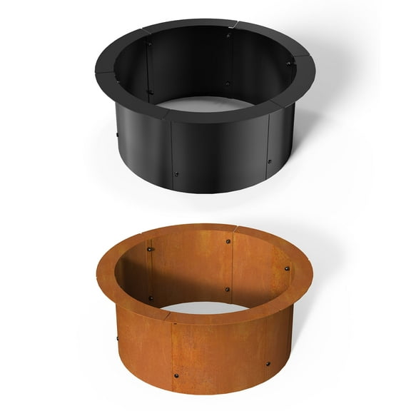 Fire Pit Ring with Collar Support for DIY Campfire Fire Pit Liner Wood Burning Insert Smokeless Firepit Rim for Outdoor Camping Cooking Bonfire, 3mm Thick Heavy Duty Solid Metal In-Ground, 24" Rusty