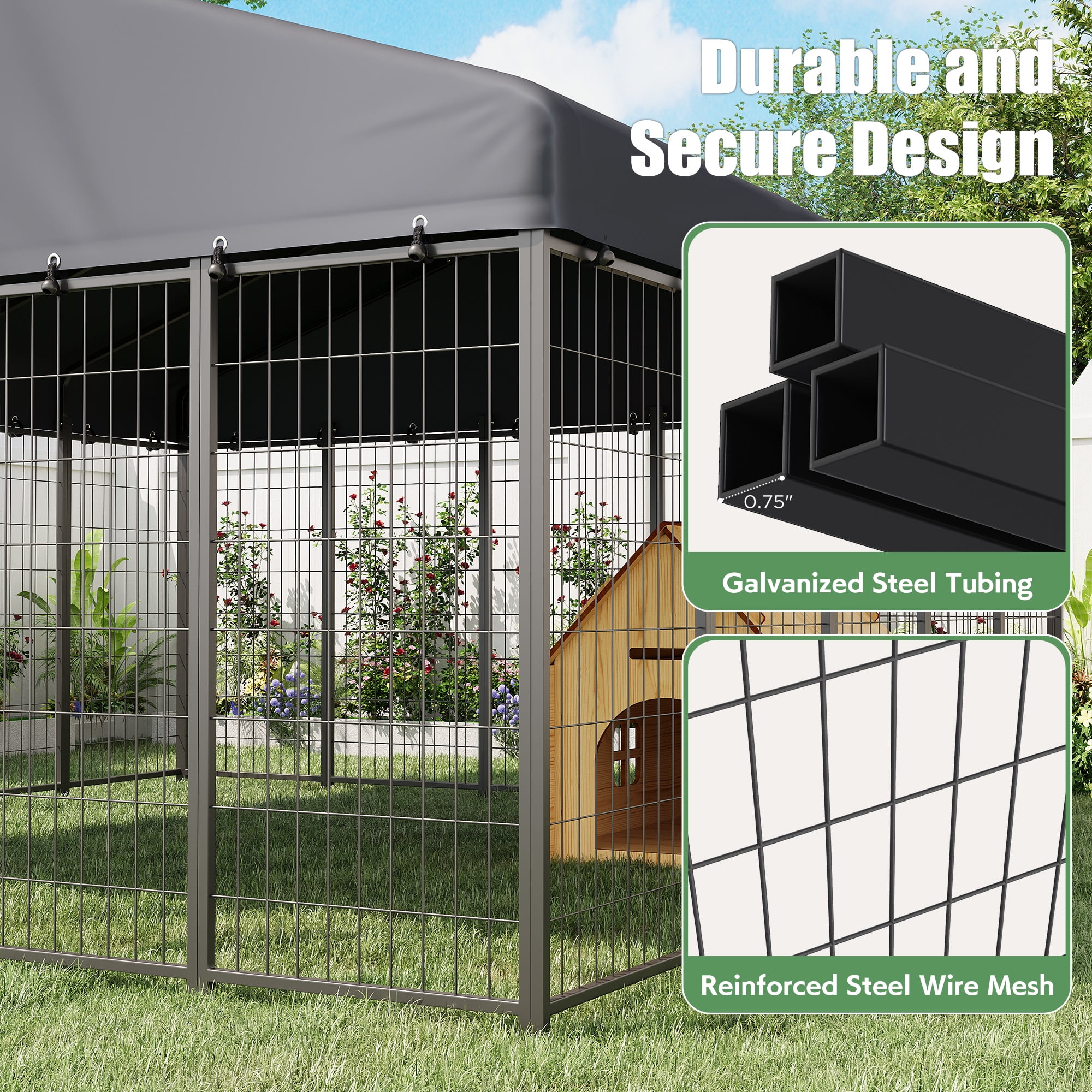 YODOLLA 10x10FT Outdoor Large Dog Kennel with Waterproof Cover, Heavy-Duty Steel Pet Enclosure with Secure Lock & Feeding Bowl, Spacious Dog Run for Backyard
