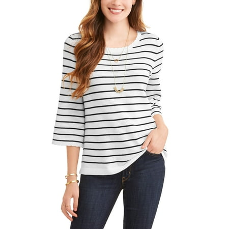 Leather Trim Sweater - Women's Striped Scallop Trim Sweater