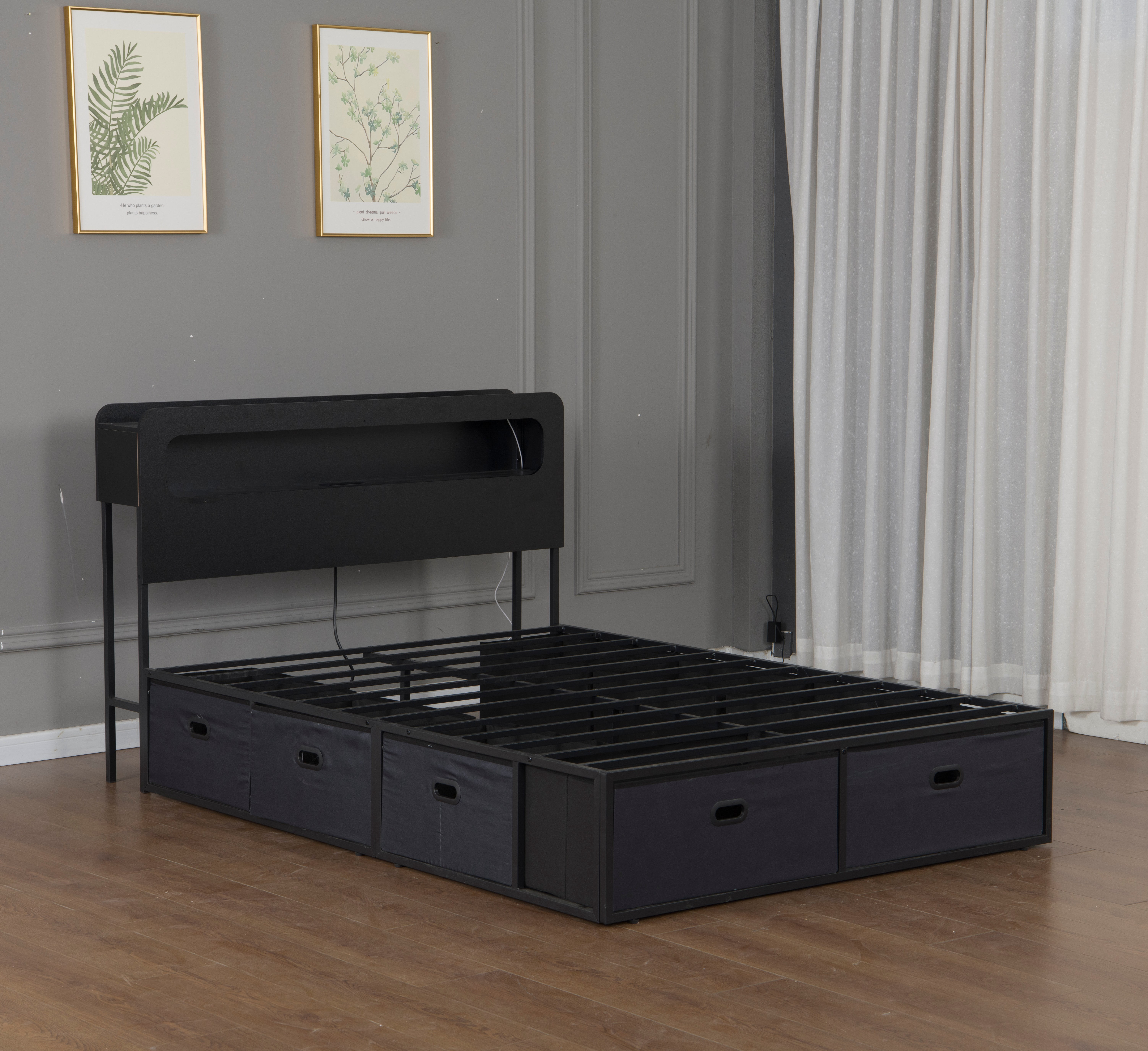 Mintazer Queen Size Bed Frame with LED Headboard, Modern Platform Bed Frame with Charging Station & 8 Fabric Underbed Storage Drawers, Black