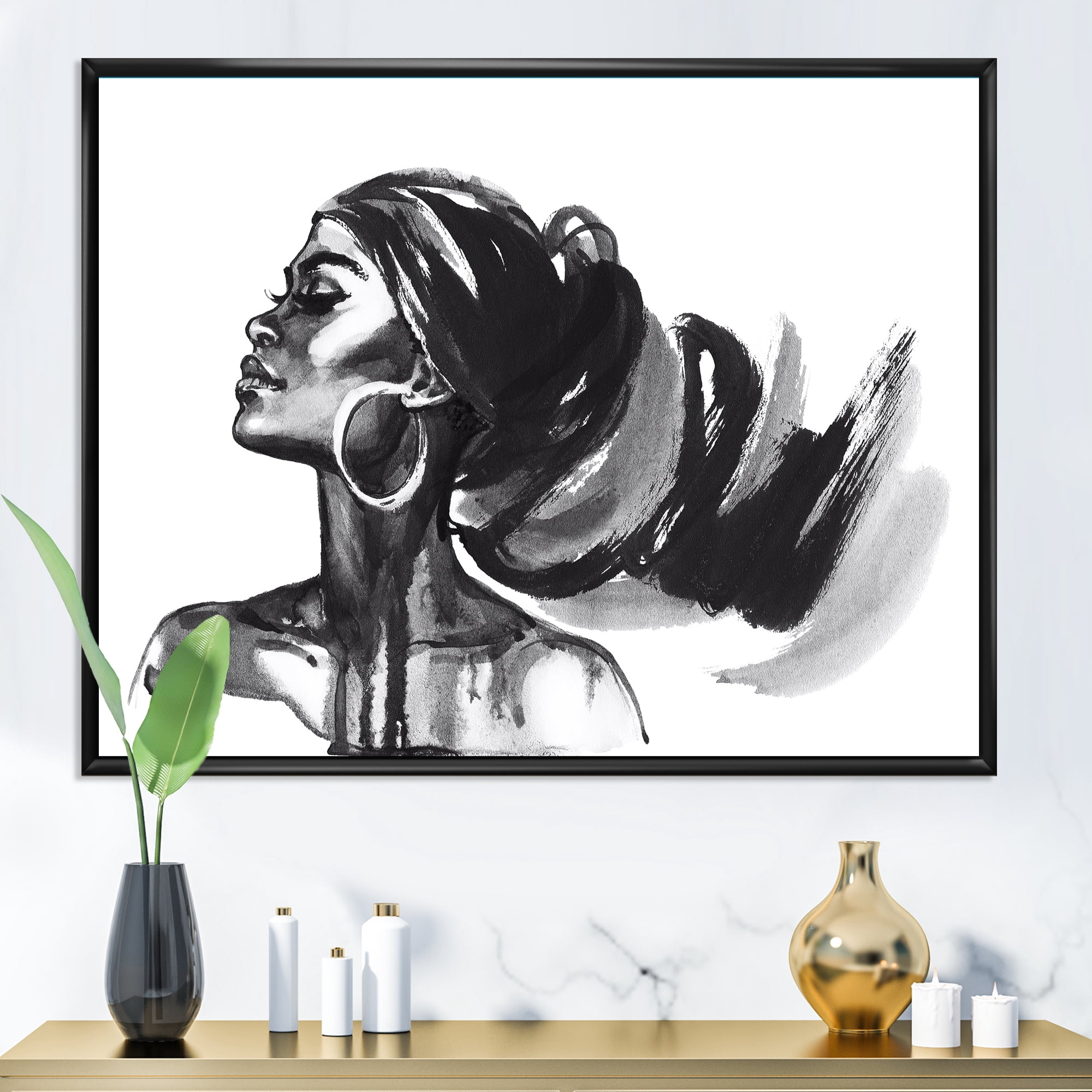 Designart 'Black and White Portrait of African American Woman IV' Modern Framed Canvas Wall Art Print