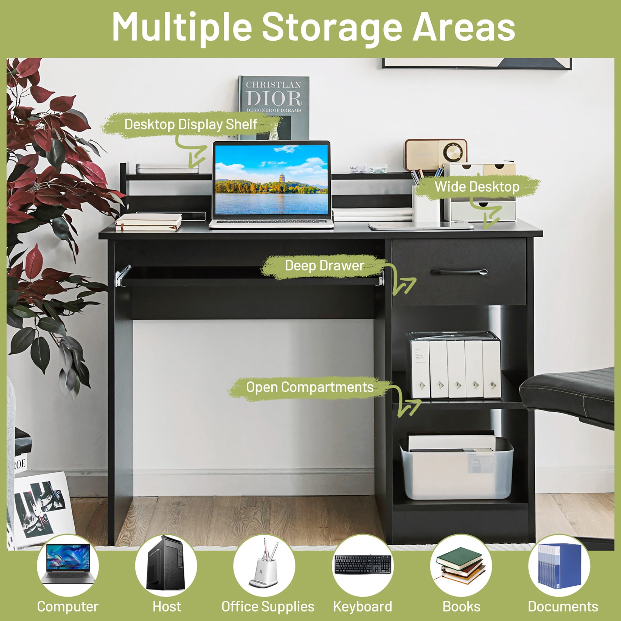 Costway 22" Wide Computer Desk Writing Study Laptop Table w/ Drawer & Keyboard Tray Black