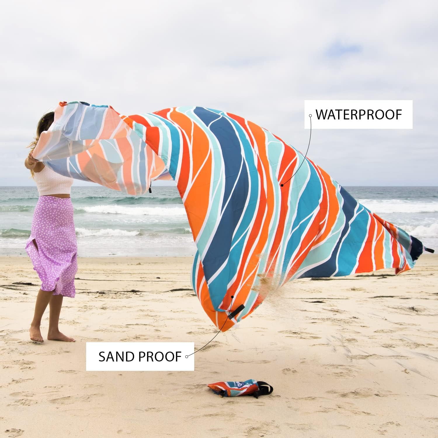 Everlasting Comfort Oversized 4-Person Beach Blanket – Large Outdoor Sandproof Mat, Tulum Orange, Portable with Carry Bag