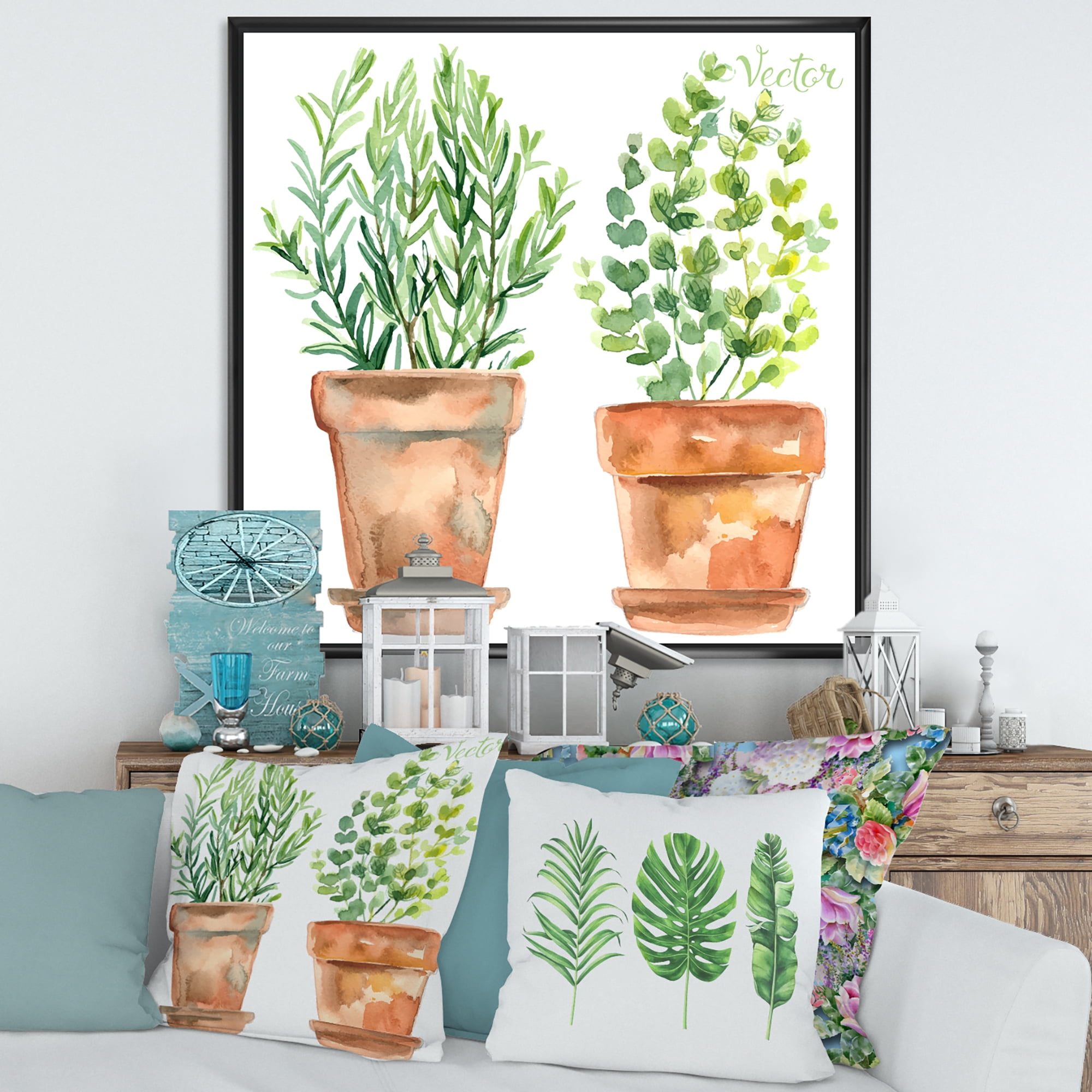 Designart 'Two Green House Plants In Orange Cly Pots' Traditional Framed Canvas Wall Art Print