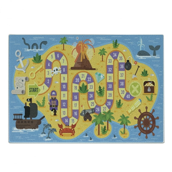 Cartoon Activity Cutting Board, Finding Treasure of the Pirate Themed Board Game Style Colorful Island Map, Decorative Tempered Glass Cutting and Serving Board, Small Size, Multicolor, by Ambesonne