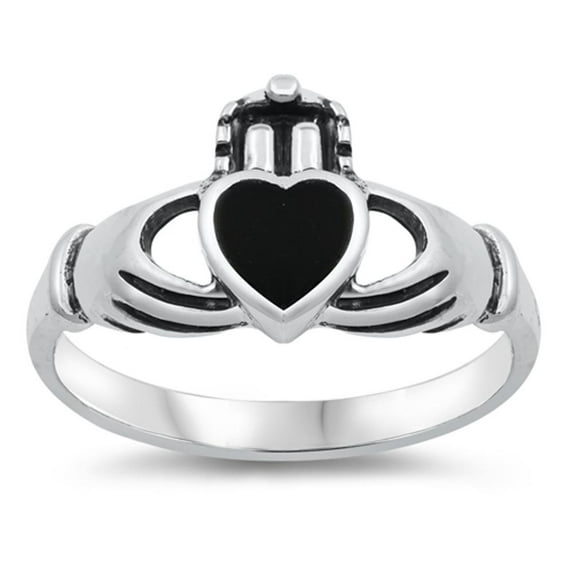 Simulated Black Onyx Heart Claddagh Ring Sterling Silver Band CZ 925 Jewelry Female Size 8