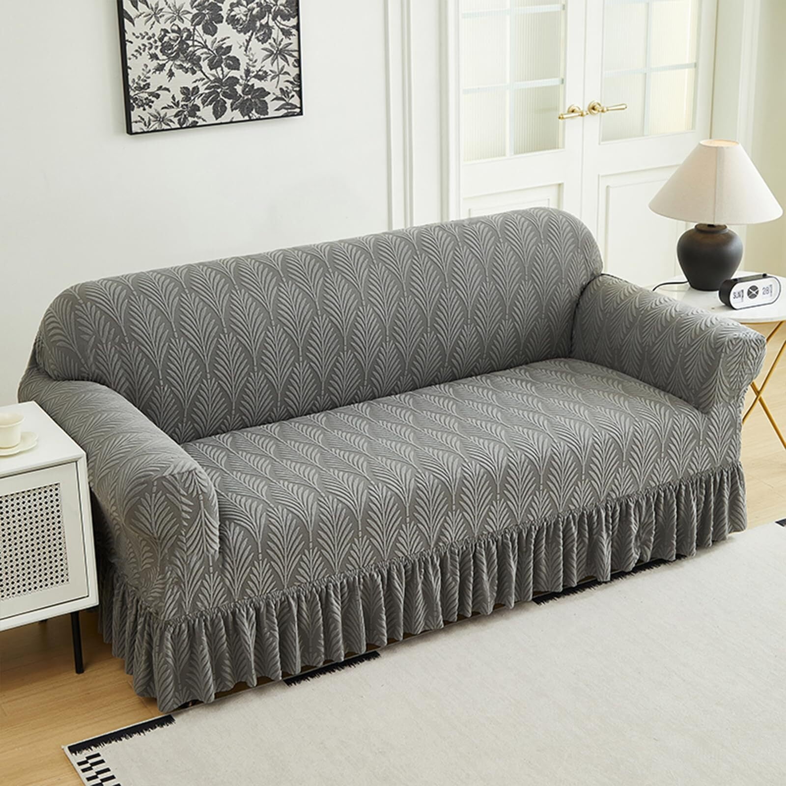 LKJYER Stretch Sofa Couch Slipcover with Skirt, Non-Slip Jacquard Universal Soft Sofa Cover with Elastic Bottom, Pet Proof Washable Breathable Furniture Protector for Living Room,