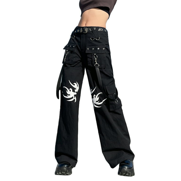 Women Gothic Cargo Pants Loose Low Waist Trousers Wide Leg Baggy Jeans  Harajuku Streetwear Punk