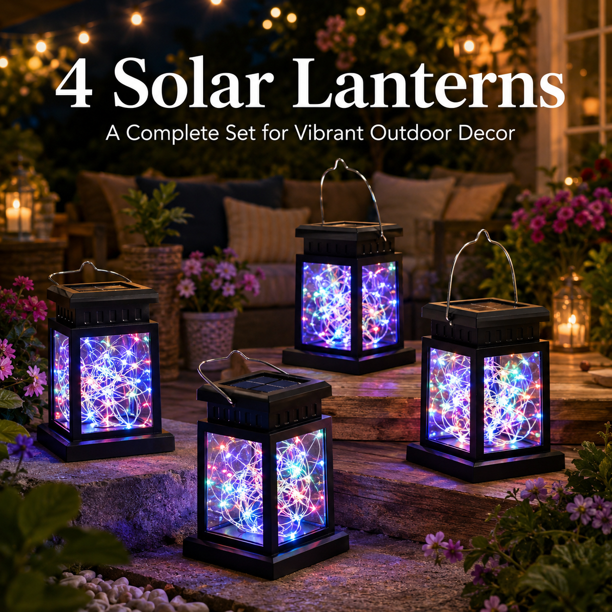 MEHOOM 4 Pack Outdoor Solar Lanterns Colorful, 40 LED Fairy Lights Hanging Decorative Garden Lights, Waterproof Solar Powered Lights for Patio, Yard, Balcony, Christmas Decorations Outdoor