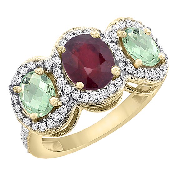 14K Yellow Gold Natural HQ Ruby & Green Amethyst 3-Stone Ring Oval Diamond Accent, size 5