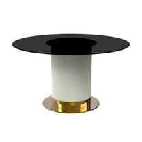 LeisureMod Jexis 60" Mid-Century Modern Round Dining Table with Glass/Sintered Stone Top and White/Gold Stainless Steel Pedestal Base for Kitchen and Dining Room (Black)