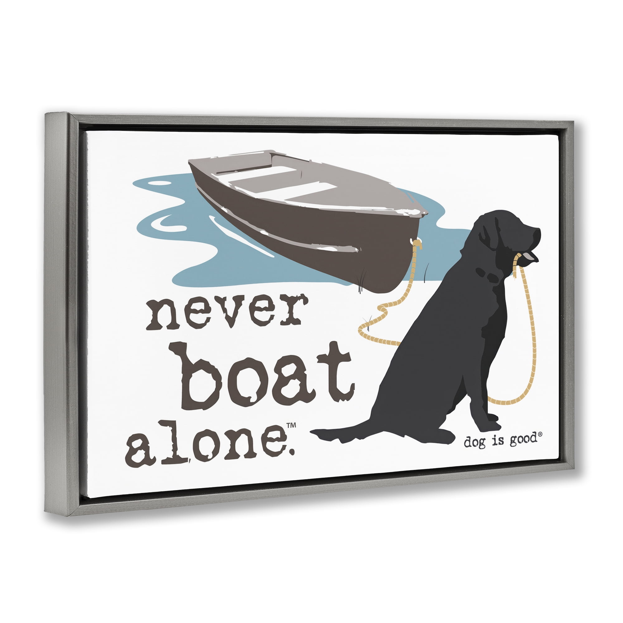 Stupell Industries Never Boat Alone Dog Animals Painting Gray Floater Framed Canvas Art Print Wall Art, 31 x 21