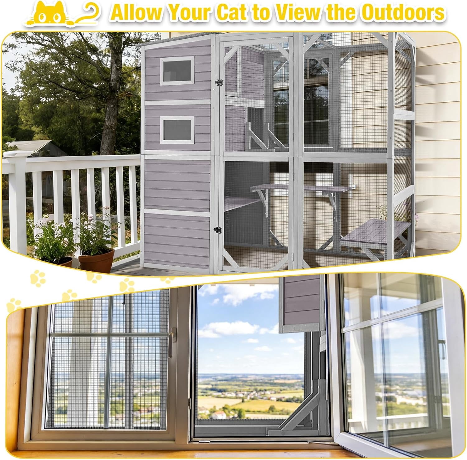 Aivituvin 70" Tall Catio Outdoor Cat Enclosure, Large Wooden Cat House with Waterproof Roof & 3-Tier Platforms, Walk-in Outside Cat Patio with Connectable Window Door for Multiple Cats (Grey)